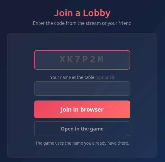 The msogames.com/join page: a box for the 6-character lobby code and a Join button
