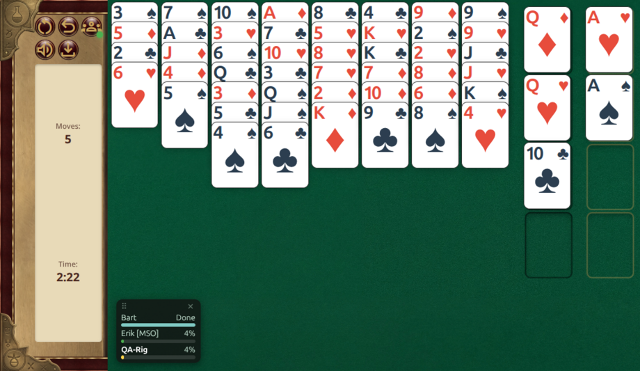 A FreeCell race in progress in the browser, with the other players' progress shown